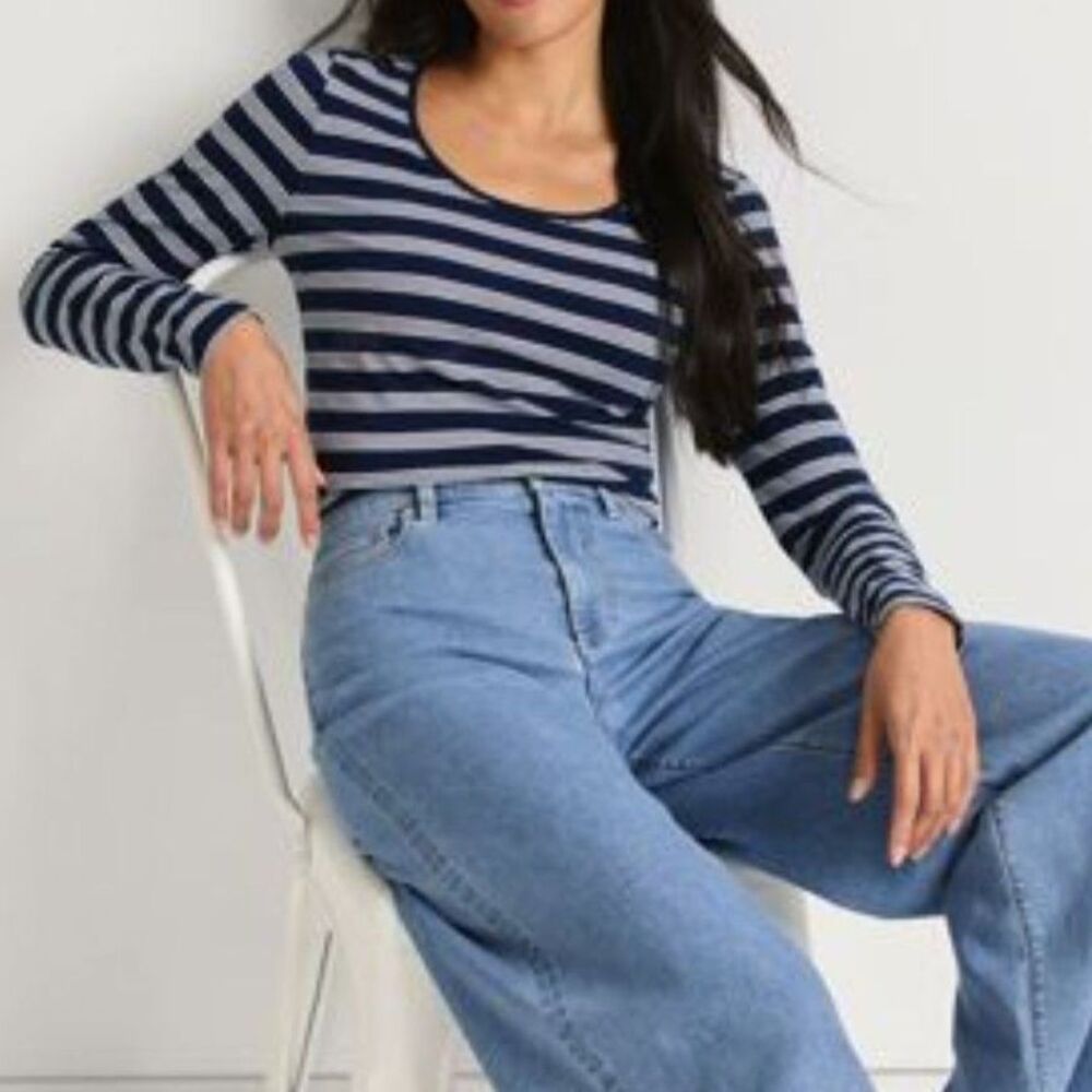lands end new nwt pxl p xl navy blue striped scoop neck lyocell stretch t shirt